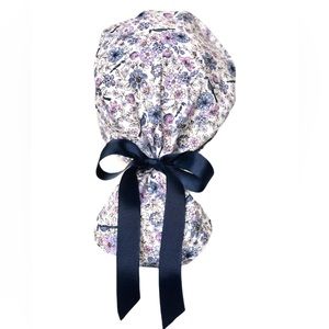 Nursing Scrub Cap with Ribbon Ponytail - Purple Floral